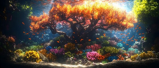 Obraz premium A vibrant underwater scene featuring a large, tree-like coral structure illuminated by sunlight, adorned with colorful corals and schools of small fish, creating a mesmerizing marine landscape.
