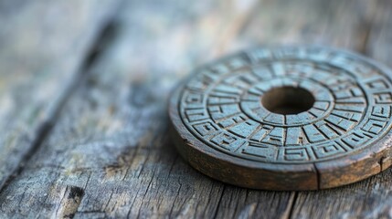 Small wooden button resting on textured wooden surface in natural light.