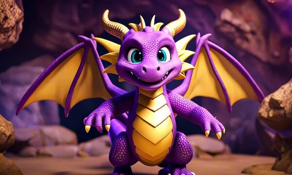 3d dragon cartoon character mascot digital art with a bright purple body and golden wings, surrounded by glowing orbs in a magical cave environment