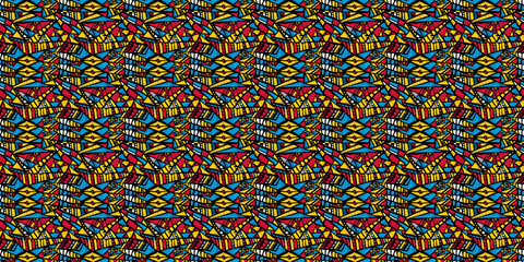 Abstract African art shapes seamless backgrounds, tribal geometric decoration patterns. Colored flat boho symbols illustrations	