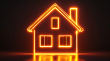 Outline of a house glowing in neon orange light on a dark background. futuristic and housing innovation concept