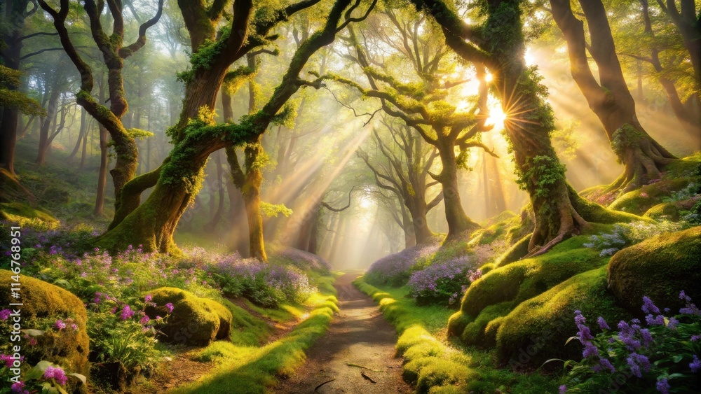 Poster sunbeams illuminate a mystical forest path lined with mossy trees and blooming flowers