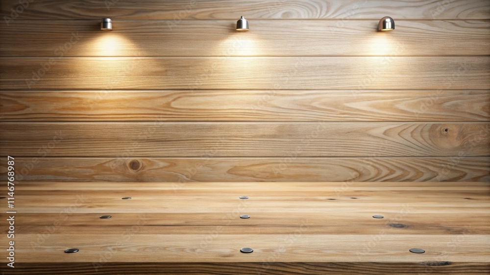 Poster warm-lit wooden surface with a horizontal plank background ideal for product display or mockup prese