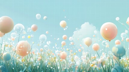 Fototapeta premium pastel balloons floating in a dreamy field