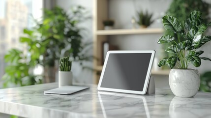 Fototapeta premium Modern office workspace featuring a sleek tablet, potted plants and a minimalist design, creating a serene and productive environment for freelancers and remote workers