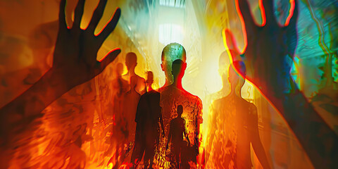 Overlapping Human Silhouettes with Translucent Hands in a Corridor