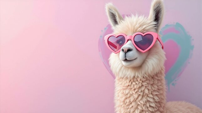 stylish valentines day fluffy white llama wearing pink heart sunglasses, set against a soft pastel pink background with heart shape. Ideal for whimsical, romantic, love or cute themes