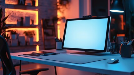 Modern Workspace with Empty Computer Screen, Stylish Desk Lamp, Organized Supplies, and Creative Ambience in a Cozy Interior Setting at Night