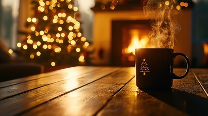A cozy scene featuring a steaming mug in front of a warm fireplace, with a beautifully lit Christmas tree in the background, evoking holiday warmth and comfort.