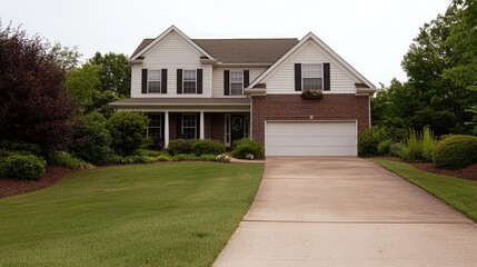 Fototapeta premium A two-story suburban family home with a brick and siding exterior features a manicured green lawn and a concrete driveway under an overcast sky.