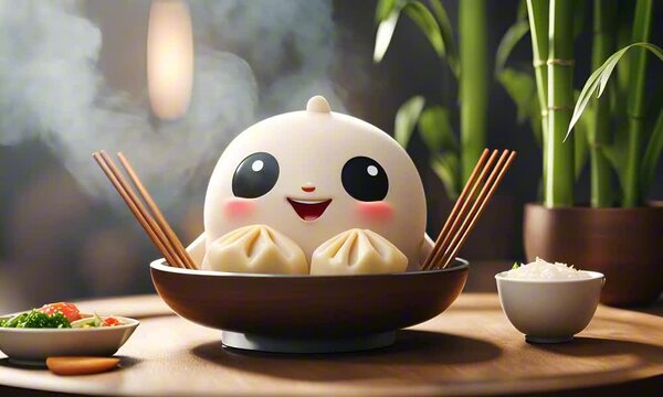 3d cheerful dumpling cartoon character mascot digital art with rosy cheeks, sitting in a bamboo steamer with steam curling around, surrounded by chopsticks and dipping sauces