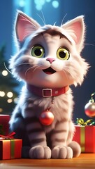 Christmas cat. Portrait of a fluffy cat next to a gift box on the background of Christmas tree and lights of garlands.