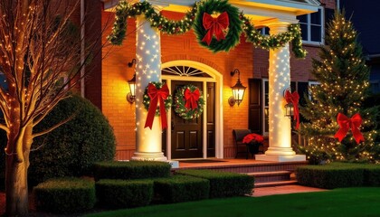 Fototapeta premium Christmas lights, Christmas wreaths, and red bows on the columns of an elegant house in the front yard with hedges