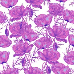 Seamless watercolor pattern of pink purple flowers on a white background. Elegant composition with a natural accent. Suitable for textile design, wrapping, wallpaper, decor. 