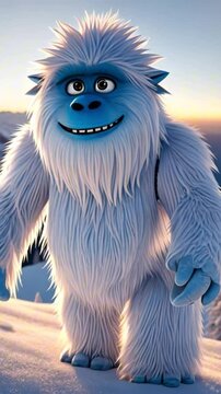 vertical 9:16 A 3d jolly yeti cartoon character mascot digital art with a blue and white fluffy body, set on a snowy mountain peak under a shimmering aurora