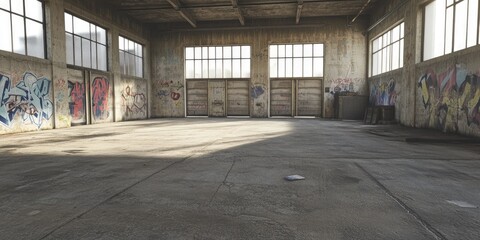 A large, empty warehouse with concrete walls and graffiti on the windows. The floor is smooth gray cement.