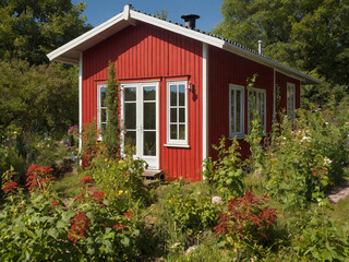 Red wooden traditional swedish house in countryside. Red wooden summerhouse.