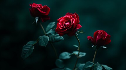 Obraz premium Crimson roses against a dark emerald backdrop, close-up shot, Minimalist style
