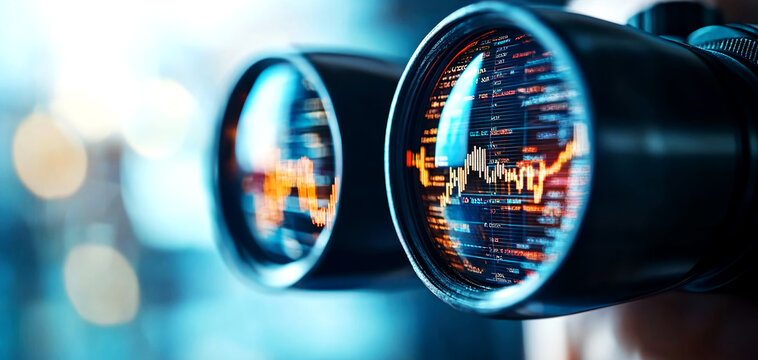Analyzing stock market trends through binocular lenses a close-up on financial charts and insights in a dynamic environment