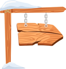 Wooden arrow sign hanging on chains from a wooden pole covered by snow, isolated on white background, ideal for winter and christmas related concepts