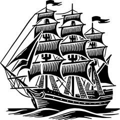 Black and White Vintage Ship Silhouette, Sailing Vessel Illustration, Nautical Design for Maritime Themes, Wall Art, Logos, or Tattoo Concepts