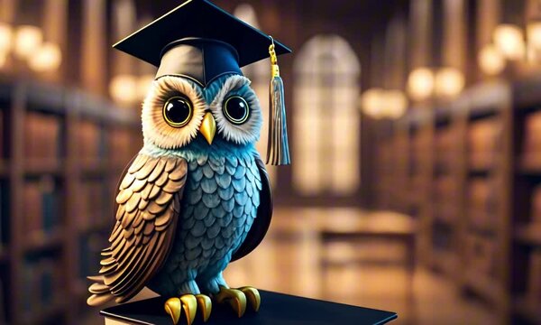 A 3d whimsical owl cartoon character mascot digital art with a graduation cap, perched on a stack of books in a glowing library setting