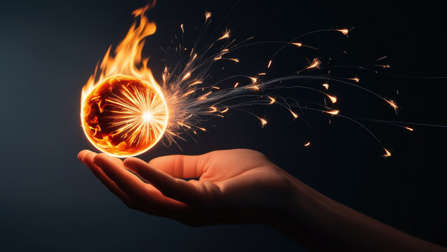 Hand Holding Fireball with Sparks