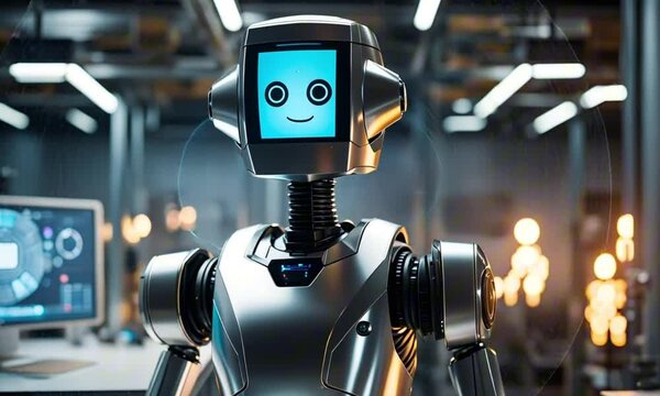 a 3d robot cartoon character mascot digital art with a cube-shaped head, smiling digital face display, and shiny metallic body, standing in a high-tech lab