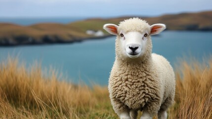 Cute sheep standing in coastal grassland.