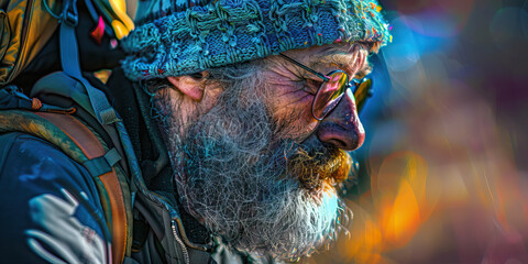 Fototapeta premium Portrait of Bearded Man with Backpack and Knitted Hat