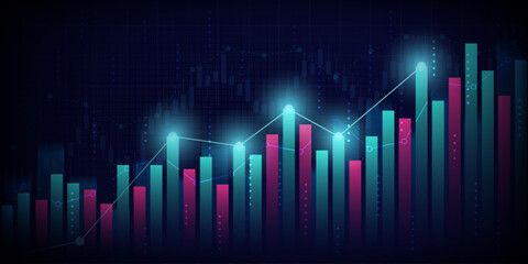 Abstract financial graph with uptrend line arrow and bar chart of stock market on blue color background