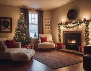 Fototapeta premium Warm christmas living room with lit fireplace and decorated tree
