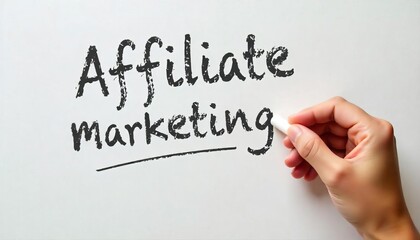 Fototapeta premium Hand holding white chalk writing Affiliate Marketing.Highlighting key business principles