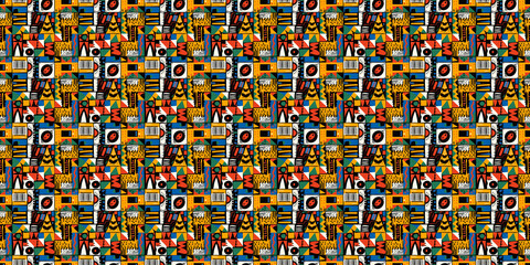 Abstract African art shapes seamless backgrounds, tribal geometric decoration patterns. Colored flat boho symbols illustrations	