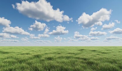 Wide Open Sky: A verdant meadow stretches towards the horizon under a vast blue sky, dotted with fluffy white clouds. The scene exudes tranquility and a sense of boundless possibility.  