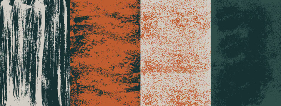 Rough print background. Vintage noise poster. Dirty lino textures set. Letterpress fancy urban ink. Blurry glitch error for banner. Eroded graffiti surface. Paint spray. Vector grunge garish style