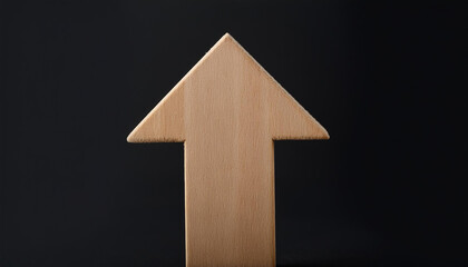 Fototapeta premium Minimalist wooden arrow on black background. Wood pointer, forward direction, up.