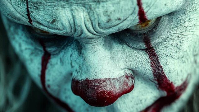 Close up of a sinister clown with cracked paint, smeared red makeup and an eerie grin. Perfect for horror concepts, thriller scenes or Halloween visuals.