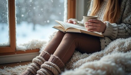 A young woman with long hair sits comfortably by a snowy window, holding a warm drink and a book. The scene radiates warmth and tranquility, inviting viewers to embrace the cozy winter vibes and the