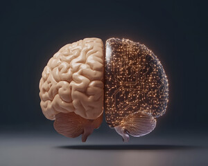 Surreal image of half human brain transforming into digital circuit