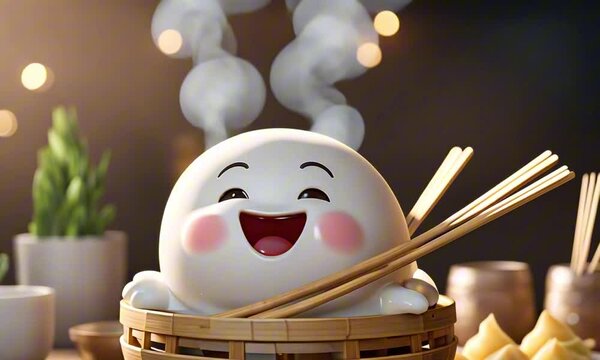 3d cheerful dumpling cartoon character mascot digital art with rosy cheeks, sitting in a bamboo steamer with steam curling around, surrounded by chopsticks and dipping sauces