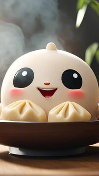 vertical 9:16 3d cheerful dumpling cartoon character mascot digital art with rosy cheeks, sitting in a bamboo steamer with steam curling around, surrounded by chopsticks and dipping sauces