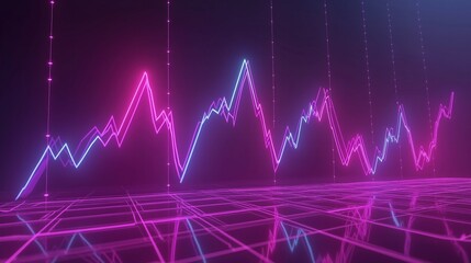 Neon pink and blue financial line graphs on grid background. Abstract visualization for business analytics