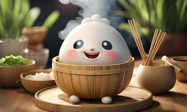 3d cheerful dumpling cartoon character mascot digital art with rosy cheeks, sitting in a bamboo steamer with steam curling around, surrounded by chopsticks and dipping sauces
