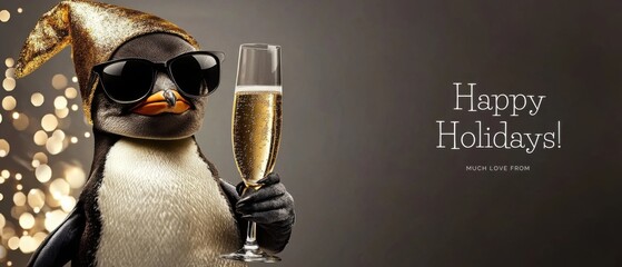 Cool Penguin Celebrates Happy Holidays with Champagne Toast