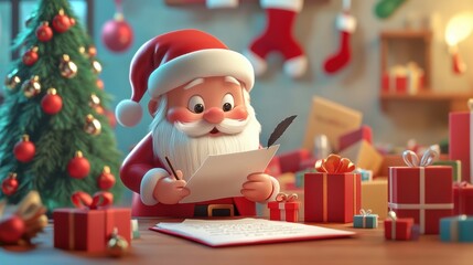 Santa read and reply letter at home with Christmas decoration.