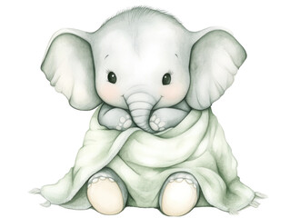 Adorable Baby Elephant Cuddled in Blanket with Soft Expression for Cute Animal Illustrations