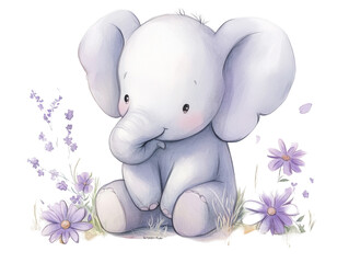 Cute Cartoon Elephant Sitting Among Flowers, Adorable Pastel Illustration for Nursery Decor and Children’s Books