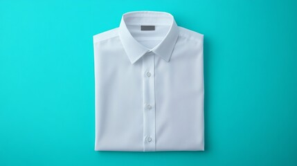 Folded white shirt on teal background.
