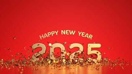 2025 text with confetti - depth of field effect - happy new year card - 3D rendering